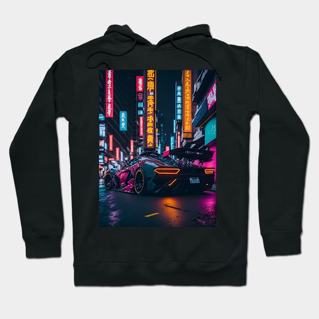 Dark Neon Sports Car in Japanese Neon City Hoodie by star trek fanart and more